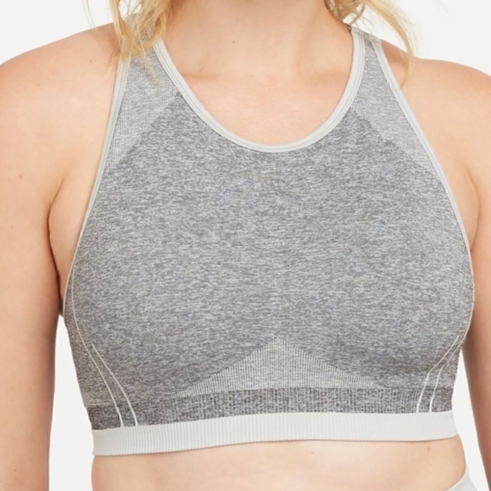 NWT Spanx Spacedye Cloudy Gray Seamless Sculpt Sports Bra S Padded Crisscross